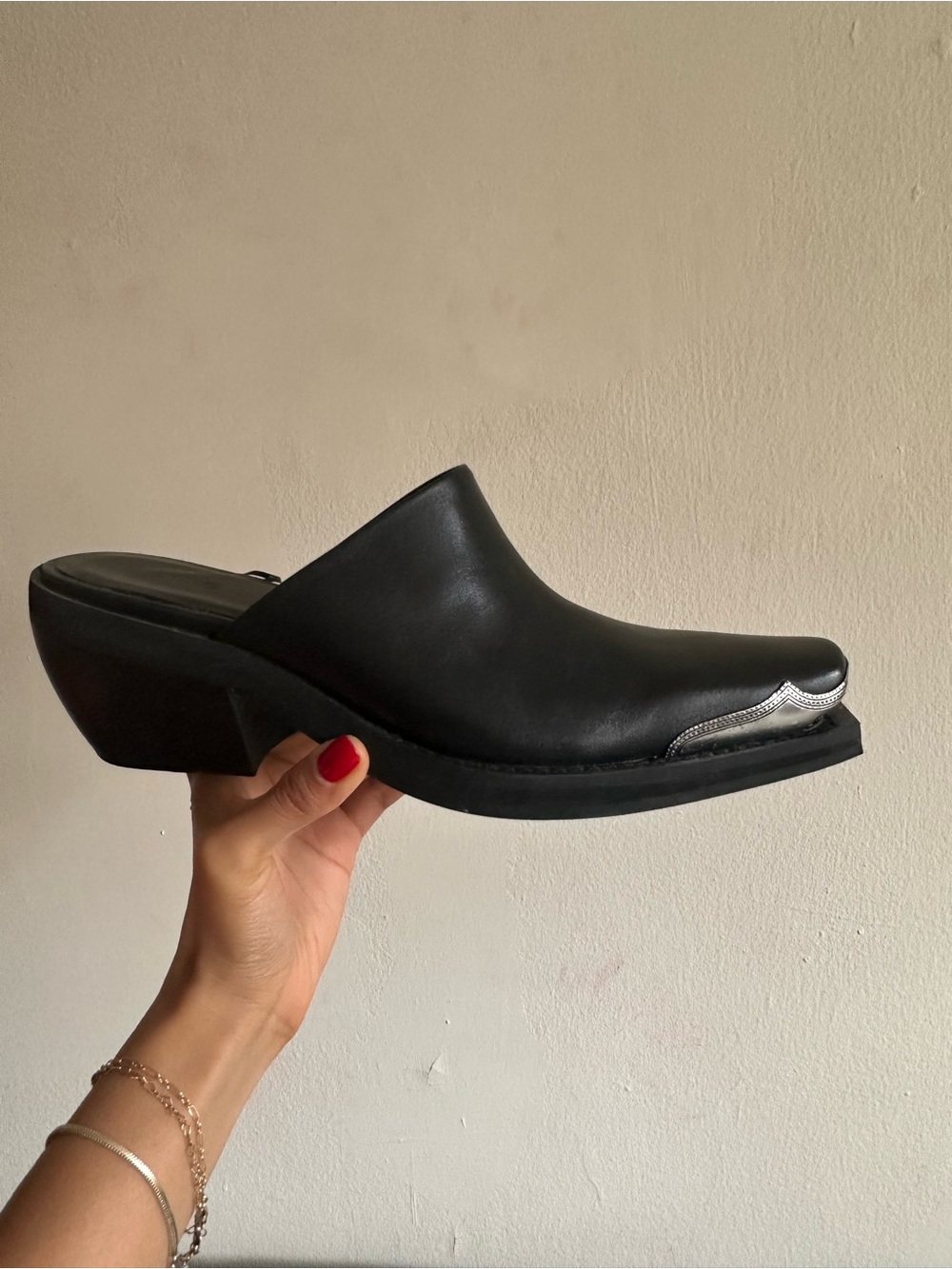 MANGO Black Leather Mule Clog with Silver Toe Accent
